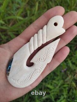 Huge Vintage Maori Hook Pendant Hand Carved Bone Abalone New Zealand