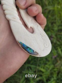 Huge Vintage Maori Hook Pendant Hand Carved Bone Abalone New Zealand