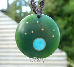 Inlaid Nz Pounamu Greenstone Nephrite Az Turquoise 18k Gold Maori Matariki Disk