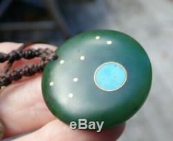 Inlaid Nz Pounamu Greenstone Nephrite Az Turquoise 18k Gold Maori Matariki Disk