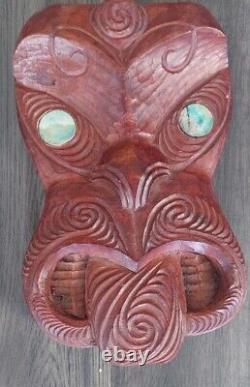 KORURU 9 Hand Carrved Head Face Tiki Mask New Zealand With Abalone Eyes