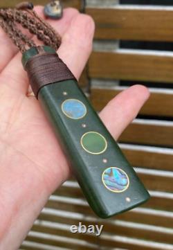 LARGE NZ POUNAMU GREENSTONE JADE NZ AOTEA NZ PAUA 18k GOLD MAORI HEI TOKI ADZE