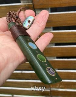 LARGE NZ POUNAMU GREENSTONE JADE NZ AOTEA NZ PAUA 18k GOLD MAORI HEI TOKI ADZE