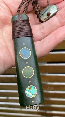 LARGE NZ POUNAMU GREENSTONE JADE NZ AOTEA NZ PAUA 18k GOLD MAORI HEI TOKI ADZE