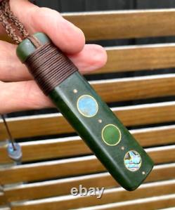 LARGE NZ POUNAMU GREENSTONE JADE NZ AOTEA NZ PAUA 18k GOLD MAORI HEI TOKI ADZE