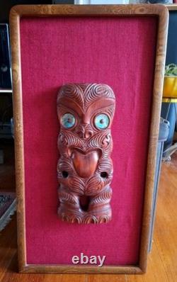 MAORI TIKI HAND CARVED WOODEN Framed WALL HANGING PAUA SHELL EYES NEW ZEALAND