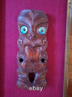 MAORI TIKI HAND CARVED WOODEN Framed WALL HANGING PAUA SHELL EYES NEW ZEALAND