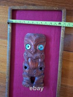 MAORI TIKI HAND CARVED WOODEN Framed WALL HANGING PAUA SHELL EYES NEW ZEALAND