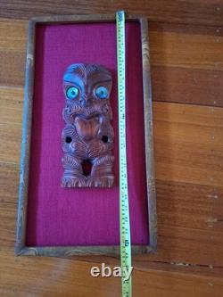 MAORI TIKI HAND CARVED WOODEN Framed WALL HANGING PAUA SHELL EYES NEW ZEALAND