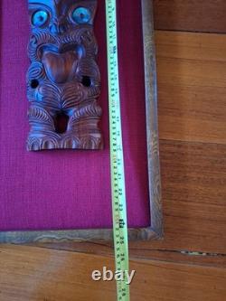 MAORI TIKI HAND CARVED WOODEN Framed WALL HANGING PAUA SHELL EYES NEW ZEALAND