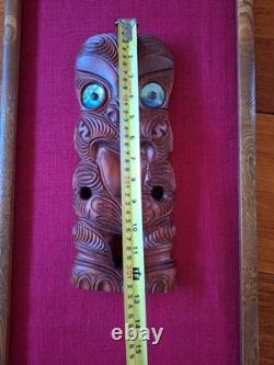 MAORI TIKI HAND CARVED WOODEN Framed WALL HANGING PAUA SHELL EYES NEW ZEALAND
