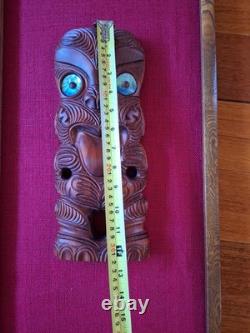 MAORI TIKI HAND CARVED WOODEN Framed WALL HANGING PAUA SHELL EYES NEW ZEALAND