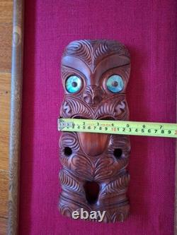 MAORI TIKI HAND CARVED WOODEN Framed WALL HANGING PAUA SHELL EYES NEW ZEALAND