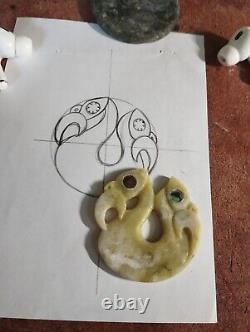 Manaia Maori Pendant Double Manaia Hand Carved Jade Abalone Shell New Zealand