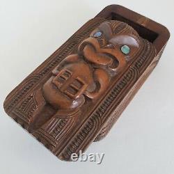 Maori Carved Wood Box 4 6/8 Tiki Paua Abalone Shell Eyes New Zealand Vintage
