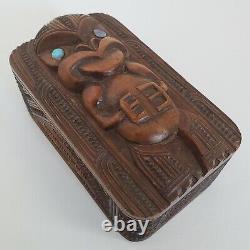 Maori Carved Wood Box 4 6/8 Tiki Paua Abalone Shell Eyes New Zealand Vintage