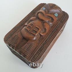 Maori Carved Wood Box 4 6/8 Tiki Paua Abalone Shell Eyes New Zealand Vintage