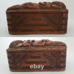 Maori Carved Wood Box 4 6/8 Tiki Paua Abalone Shell Eyes New Zealand Vintage