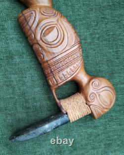 Maori Hand-Carved Ceremonial Toki/Adze Pounamu Greenstone Jade Blade Long Handle