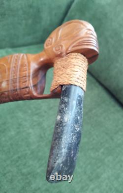 Maori Hand-Carved Ceremonial Toki/Adze Pounamu Greenstone Jade Blade Long Handle