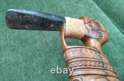 Maori Hand-Carved Ceremonial Toki/Adze Pounamu Greenstone Jade Blade Long Handle