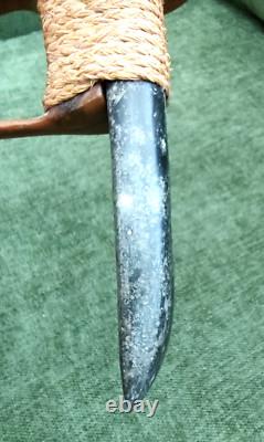 Maori Hand-Carved Ceremonial Toki/Adze Pounamu Greenstone Jade Blade Long Handle