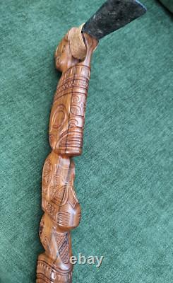 Maori Hand-Carved Ceremonial Toki/Adze Pounamu Greenstone Jade Blade Long Handle