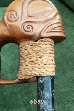 Maori Hand-Carved Ceremonial Toki/Adze Pounamu Greenstone Jade Blade Long Handle