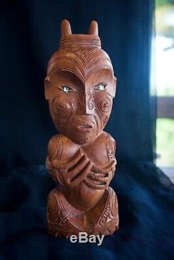 Maori Hei Tiki figure carved hardwood New Zealand very heavy Paua shell eyes