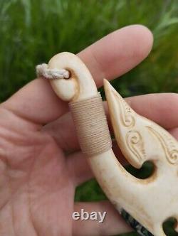 Maori Hook Big Pendant Manta Ray Hand Carved Bone Abalone New Zealand