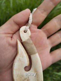 Maori Hook Big Pendant Manta Ray Hand Carved Bone Abalone New Zealand