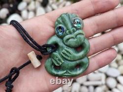 Maori New Zealand Hand Carved Tiki Pendant Authentic Pounamu Stone Abalone Eyes