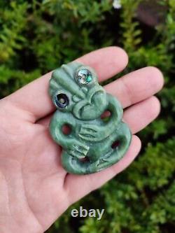 Maori New Zealand Hand Carved Tiki Pendant Authentic Pounamu Stone Abalone Eyes