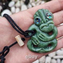 Maori New Zealand Hand Carved Tiki Pendant Authentic Pounamu Stone Abalone Eyes