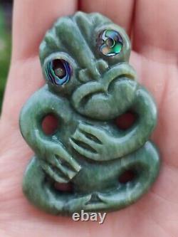 Maori New Zealand Hand Carved Tiki Pendant Authentic Pounamu Stone Abalone Eyes