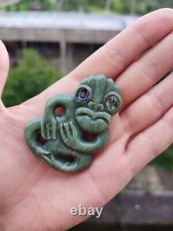 Maori New Zealand Hand Carved Tiki Pendant Authentic Pounamu Stone Abalone Eyes