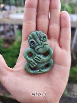 Maori New Zealand Hand Carved Tiki Pendant Authentic Pounamu Stone Abalone Eyes