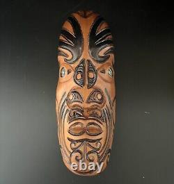 Maori New Zealand Koruru Hand Carved Wood Mask Wall Sculpture Shell Eyes Signed