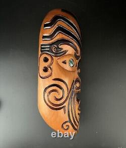 Maori New Zealand Koruru Hand Carved Wood Mask Wall Sculpture Shell Eyes Signed
