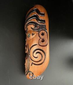 Maori New Zealand Koruru Hand Carved Wood Mask Wall Sculpture Shell Eyes Signed