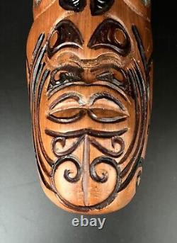 Maori New Zealand Koruru Hand Carved Wood Mask Wall Sculpture Shell Eyes Signed