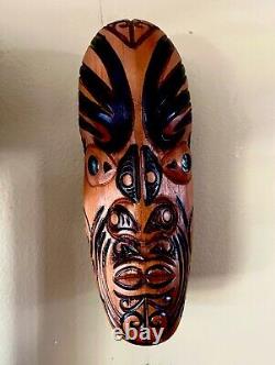 Maori New Zealand Koruru Hand Carved Wood Mask Wall Sculpture Shell Eyes Signed