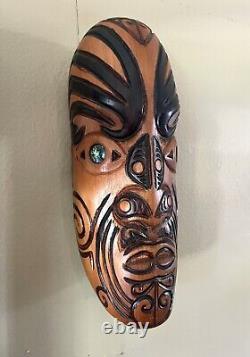 Maori New Zealand Koruru Hand Carved Wood Mask Wall Sculpture Shell Eyes Signed
