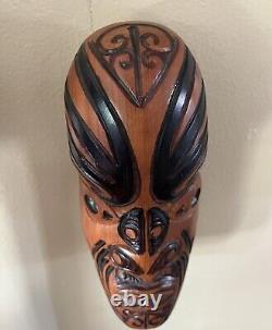 Maori New Zealand Koruru Hand Carved Wood Mask Wall Sculpture Shell Eyes Signed
