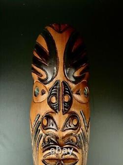 Maori New Zealand Koruru Hand Carved Wood Mask Wall Sculpture Shell Eyes Signed