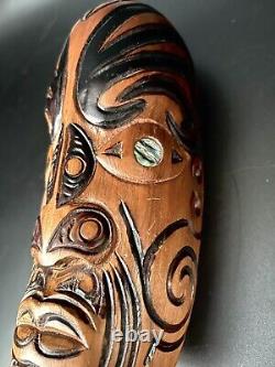 Maori New Zealand Koruru Hand Carved Wood Mask Wall Sculpture Shell Eyes Signed