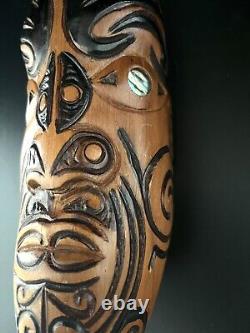 Maori New Zealand Koruru Hand Carved Wood Mask Wall Sculpture Shell Eyes Signed