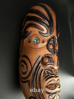 Maori New Zealand Koruru Hand Carved Wood Mask Wall Sculpture Shell Eyes Signed