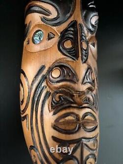 Maori New Zealand Koruru Hand Carved Wood Mask Wall Sculpture Shell Eyes Signed