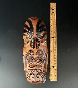 Maori New Zealand Koruru Hand Carved Wood Mask Wall Sculpture Shell Eyes Signed